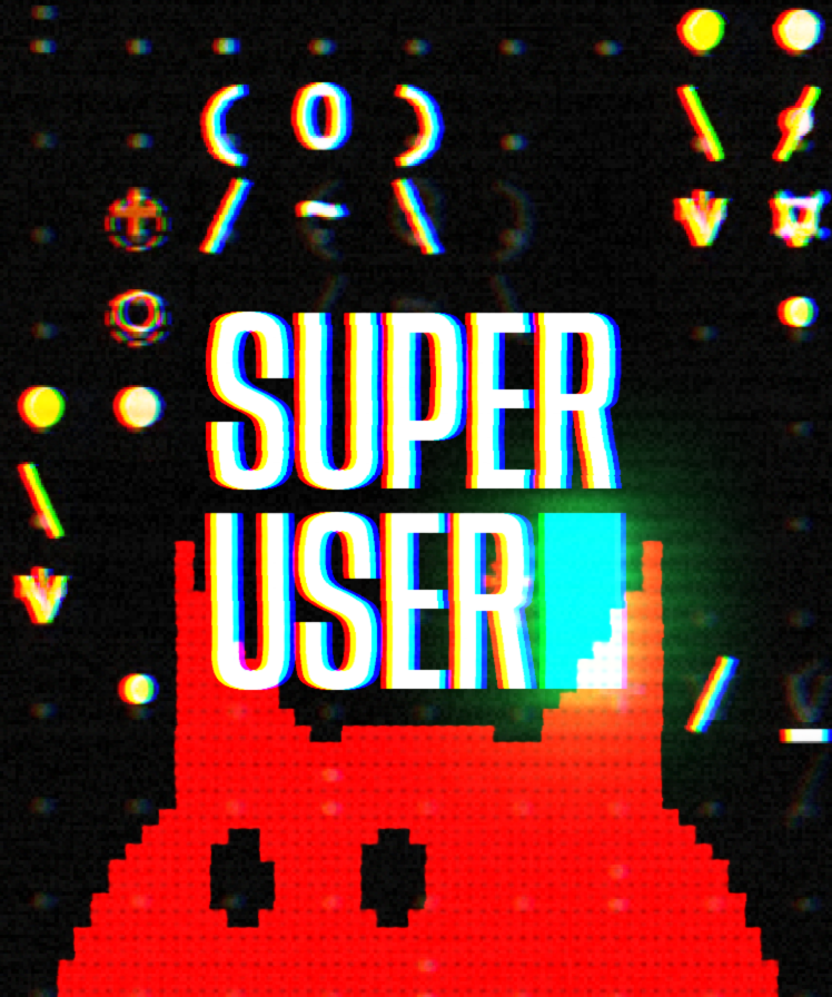 SUPER USER cover with white lettering, a red pixel character, and colorful arcade symbols